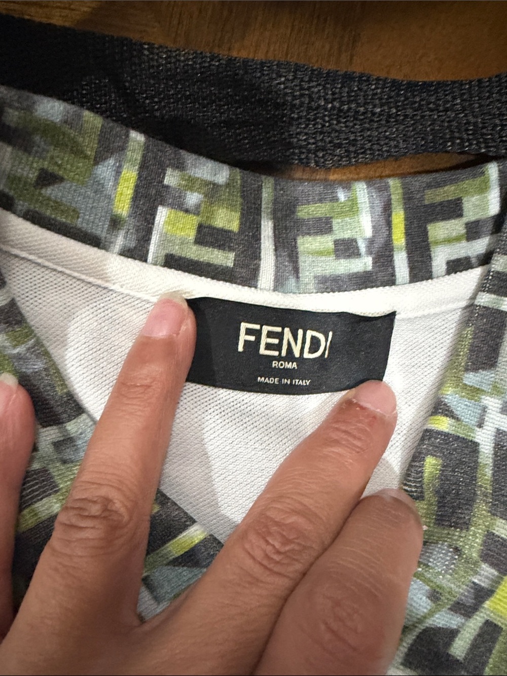Fendi White Polo with FF-Patterned Gray and Green Collar authentic